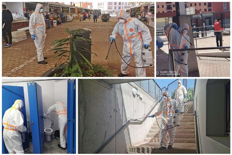 Apliación del tratamiento desinfectante con productos biocidas en las instalaciones provisionales del Mercado Municipal (Foto TA)